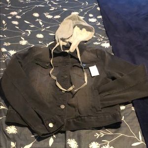 Dark grey denim jacket with detachable hood